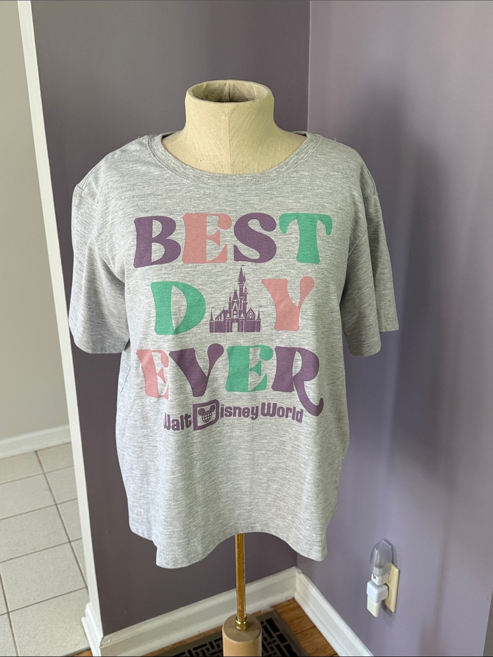 Disney Gray Tee with Pastel Mint, Lavender, and Pink Graphic
